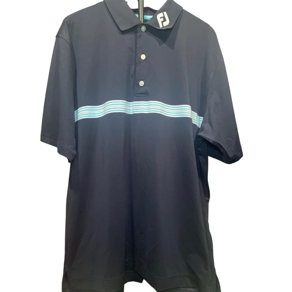 FootJoy Mens ProDry Golf Polo Shirt Navy Blue Striped Performance Size Large - Picture 2 of 7